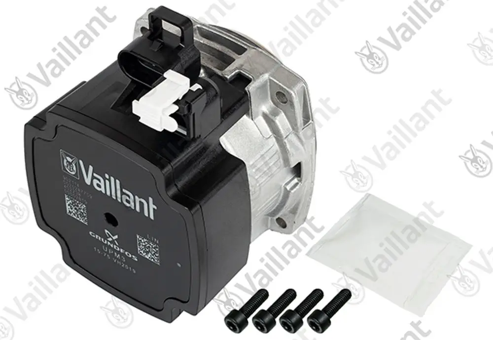Vaillant Pumpenkopf mit Anschluss für elektrische Verbindung, montiert auf einem Metallgehäuse, begleitet von vier Schrauben und einer kleinen Verpackung.